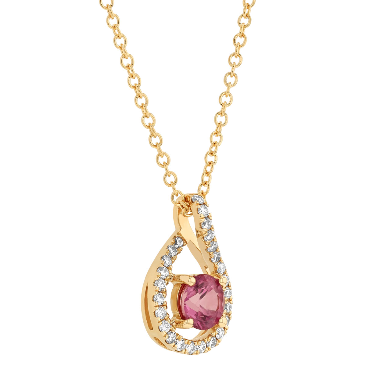 Round Pink Sapphire & Diamond Open Halo Pendant in Yellow Gold