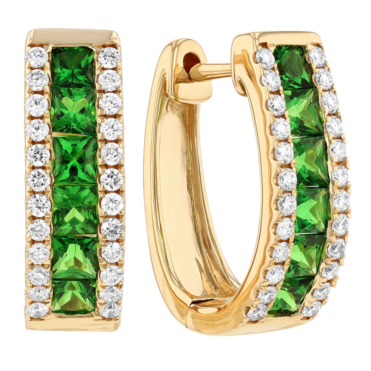 Princess Cut Green Tsavorite Garnet & Diamond Channel Set Hoop Earrings in Yellow Gold, 1.48 tw