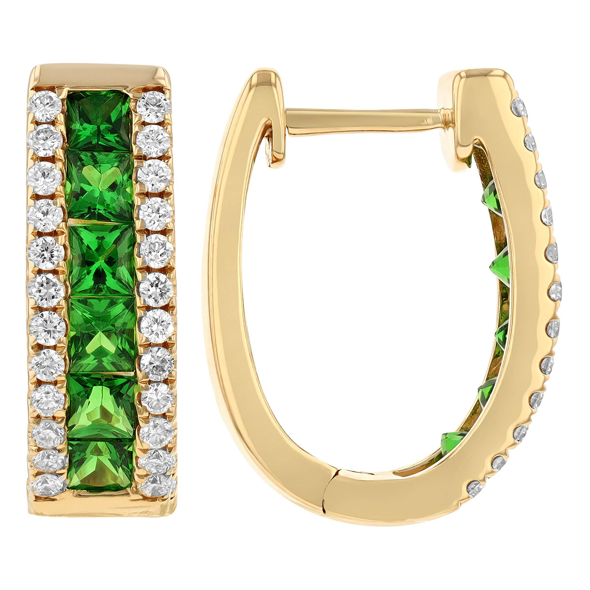 Princess Cut Green Tsavorite Garnet & Diamond Channel Set Hoop Earrings in Yellow Gold, 1.48 tw