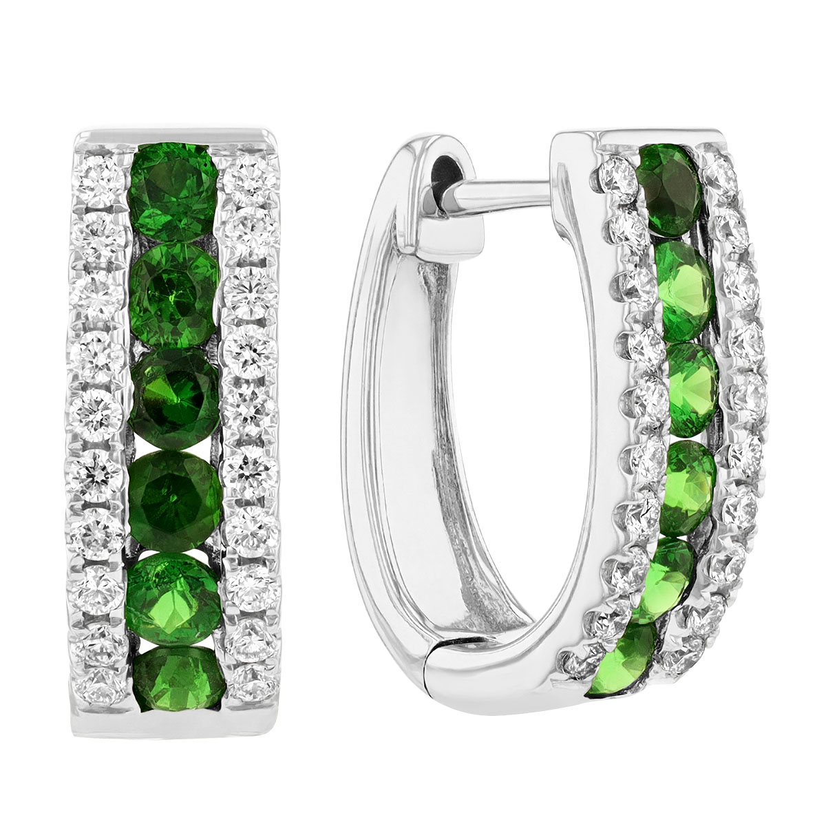 Round Green Tsavorite Garnet & Diamond Channel Set Hoop Earrings in White Gold