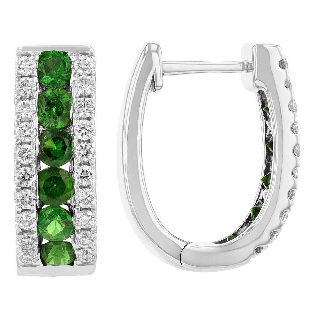 Round Green Tsavorite Garnet & Diamond Channel Set Hoop Earrings in White Gold