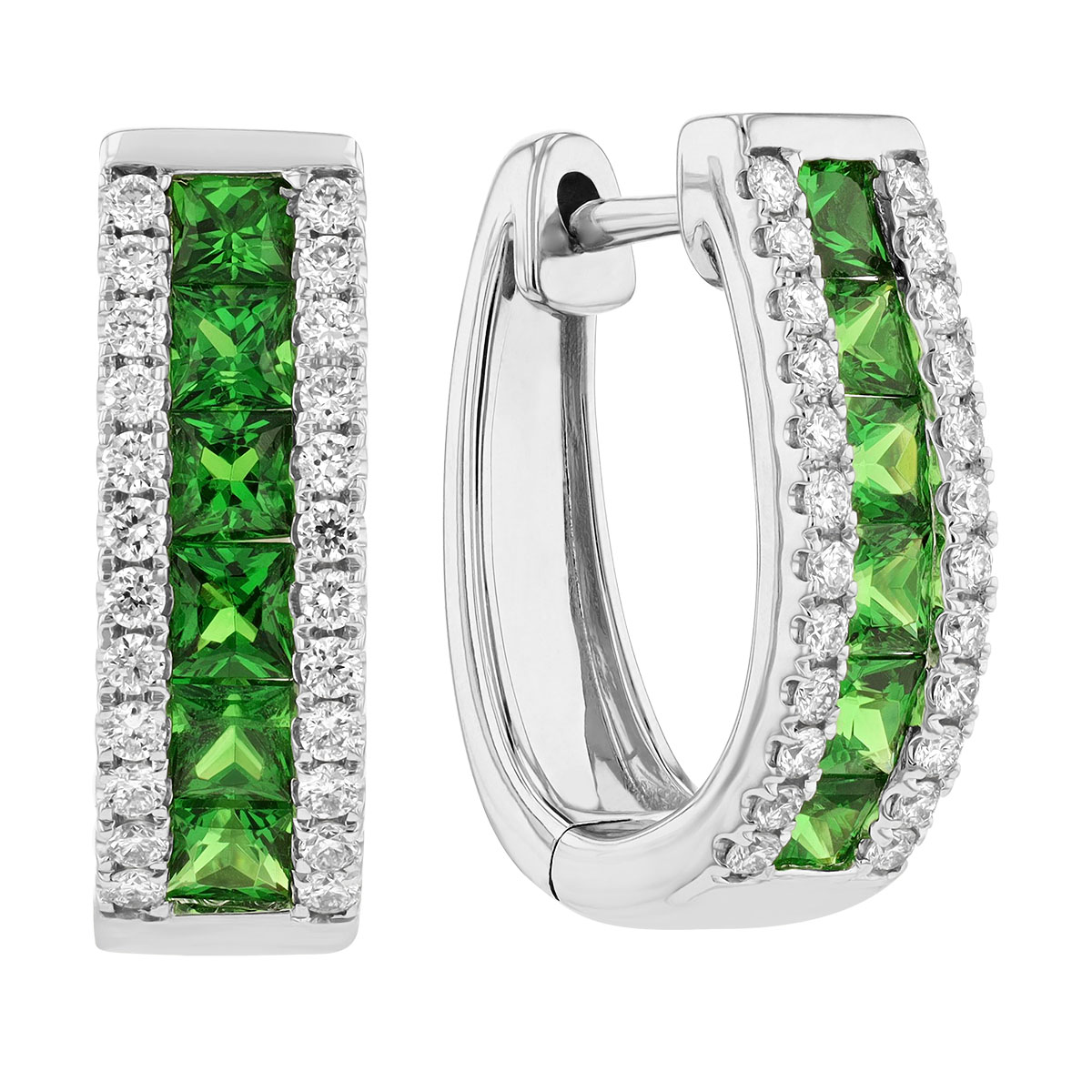 Princess Cut Green Tsavorite Garnet & Diamond Channel Set Hoop Earrings in White Gold, 1.58 tw