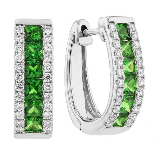 Princess Cut Green Tsavorite Garnet & Diamond Channel Set Hoop Earrings in White Gold, 1.58 tw