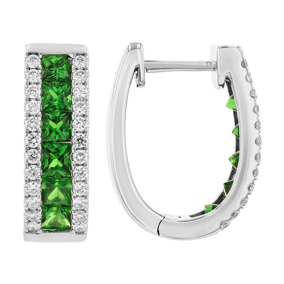 Princess Cut Green Tsavorite Garnet & Diamond Channel Set Hoop Earrings in White Gold, 1.58 tw