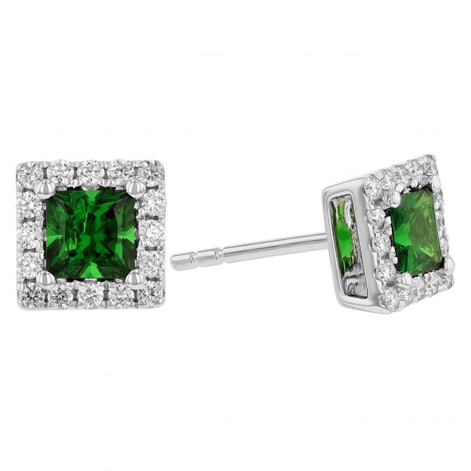 Princess Cut Green Tsavorite Garnet & Diamond Halo Square Stud Earrings in White Gold