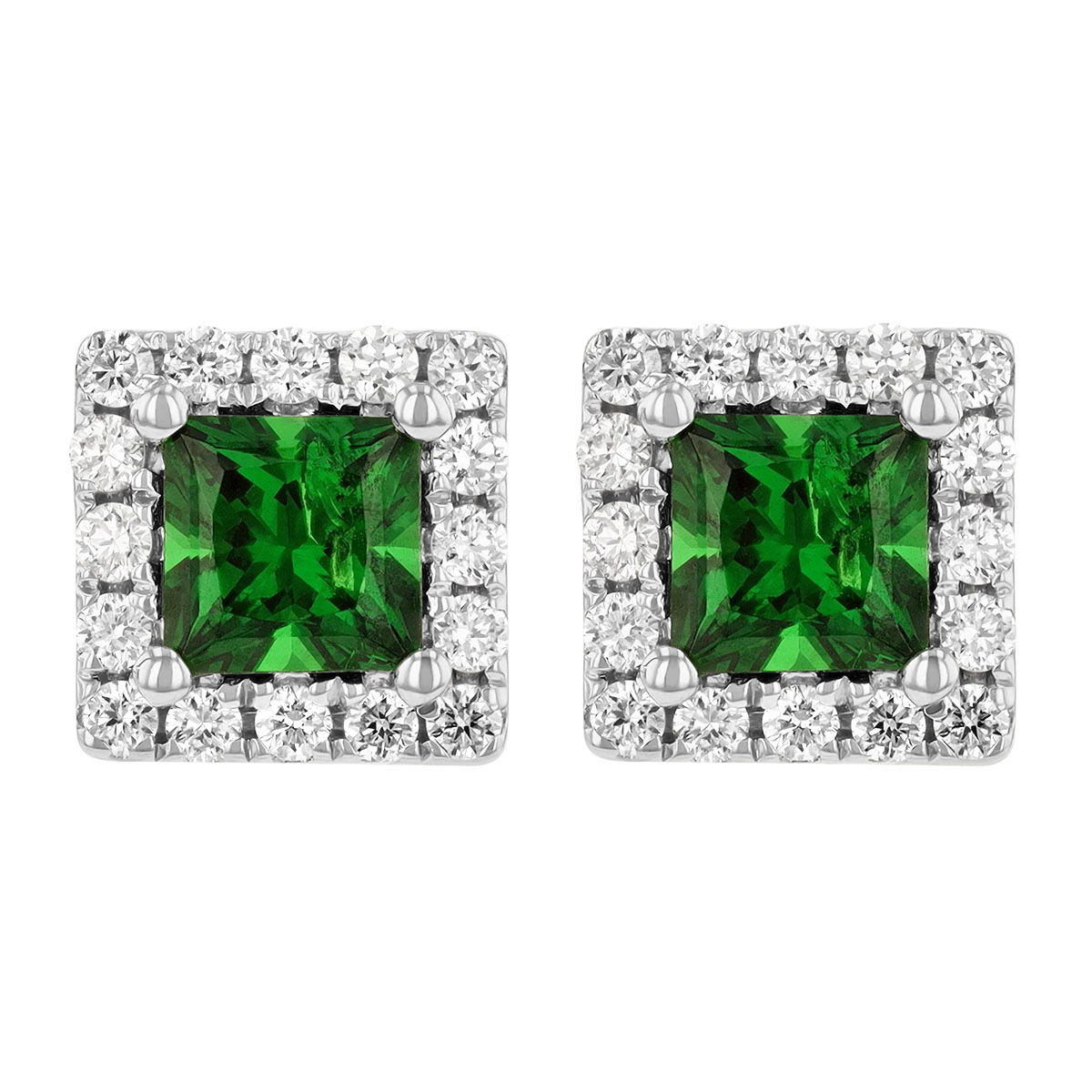 Princess Cut Green Tsavorite Garnet & Diamond Halo Square Stud Earrings in White Gold