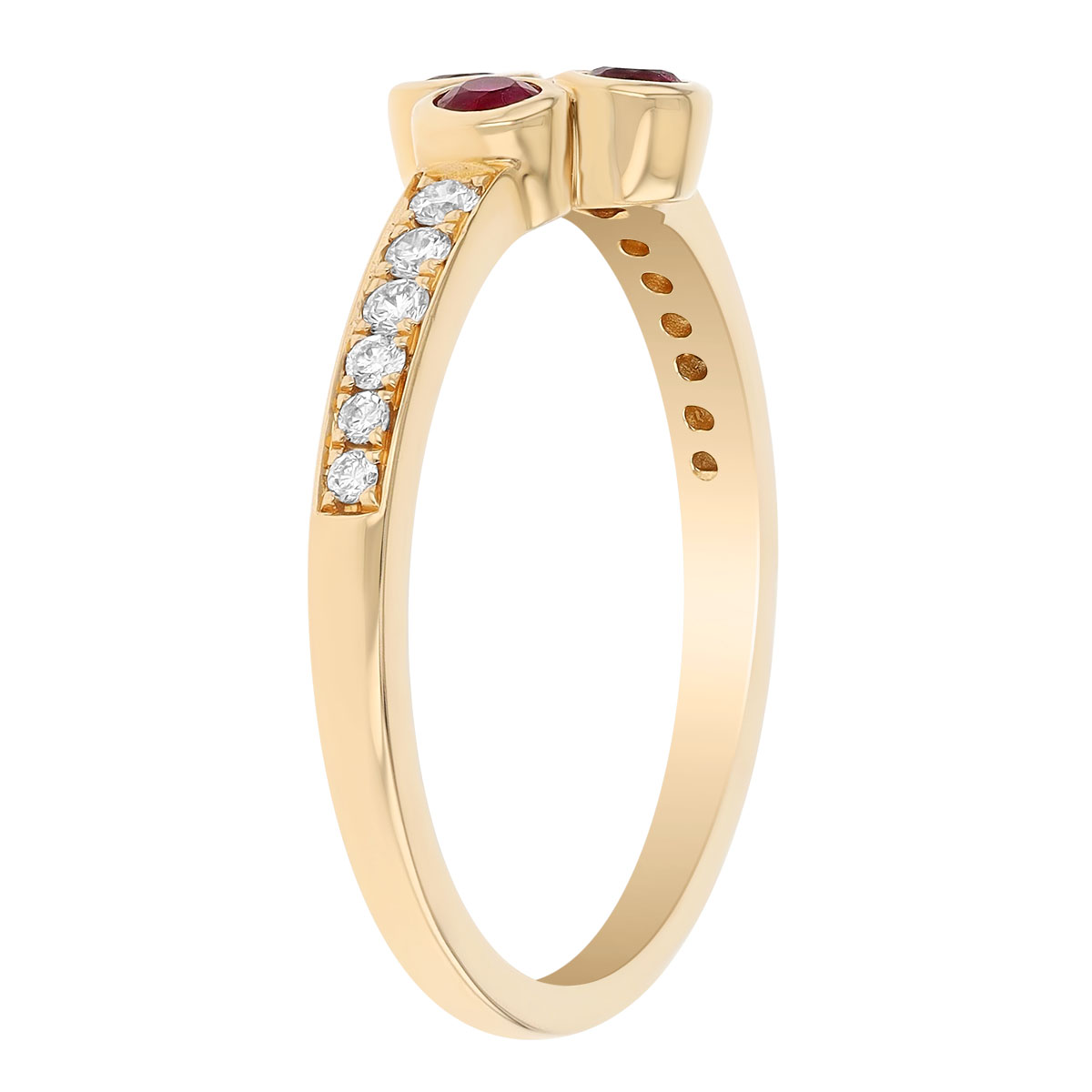 Round Ruby Bezel Set Cluster Ring with Diamond Shank in Yellow Gold