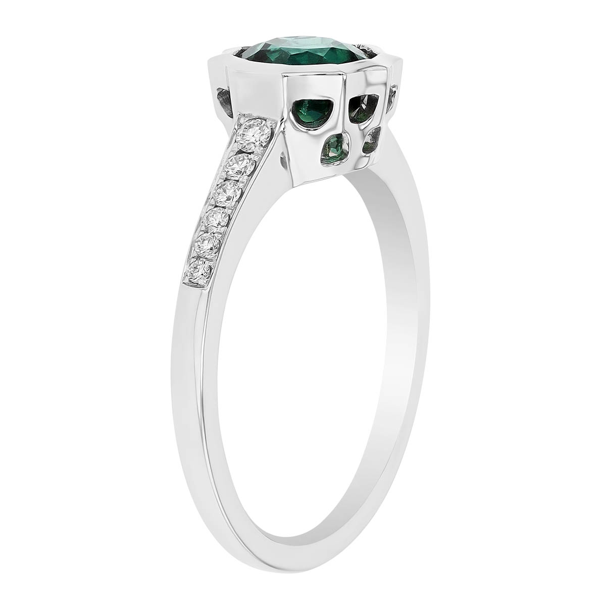 Round Tourmaline Scalloped Edge & Diamond Ring in White Gold