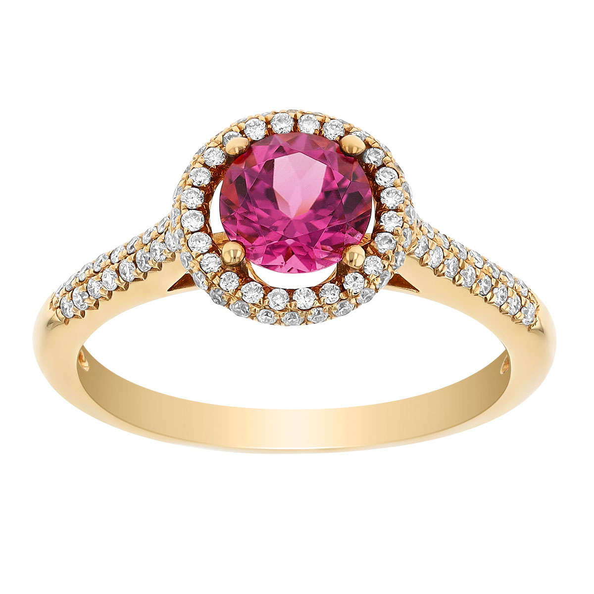 Round Spinel & Diamond Halo Ring in Yellow Gold