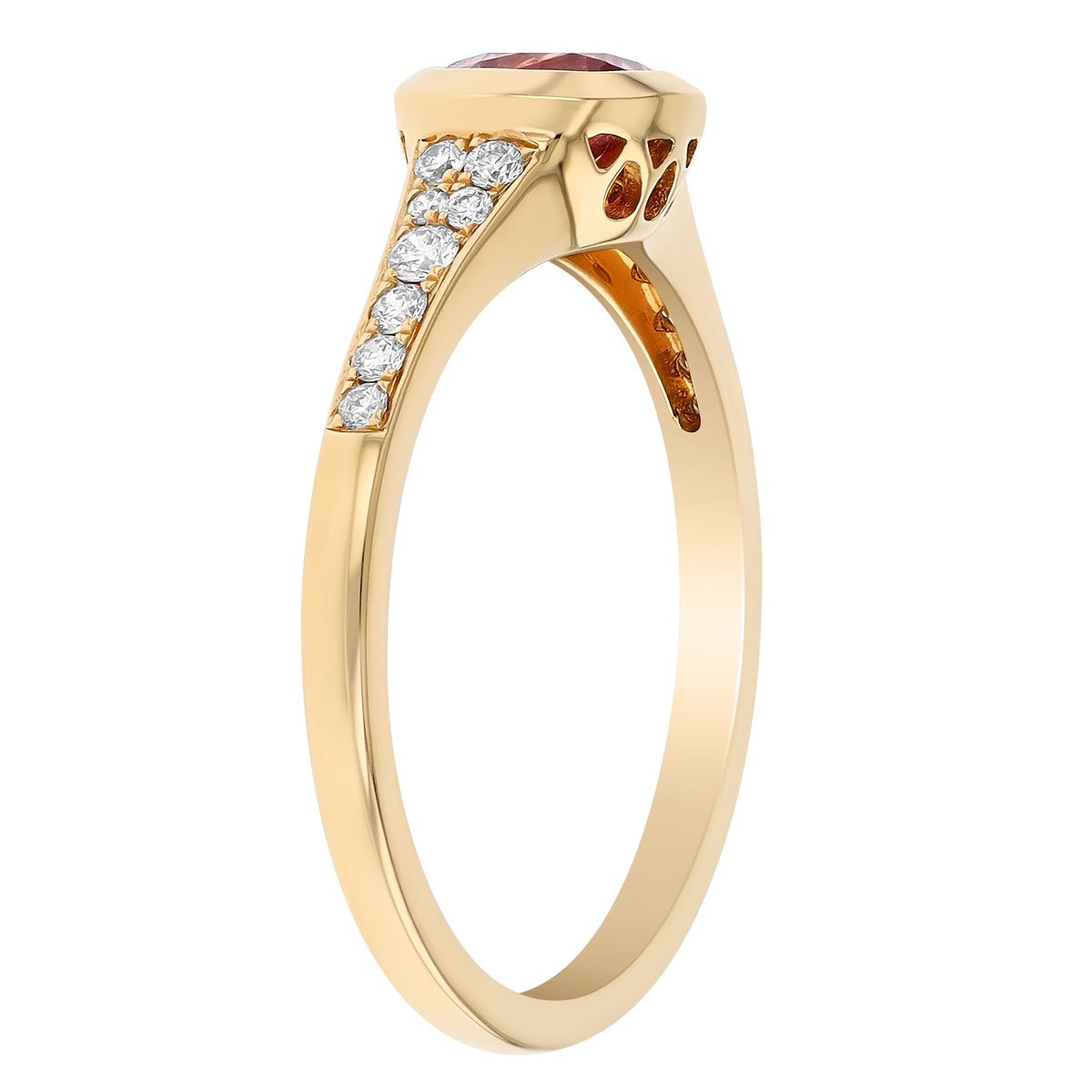 Round Pink Spinel Bezel Set Ring with Tapered Diamond Shank in Yellow Gold