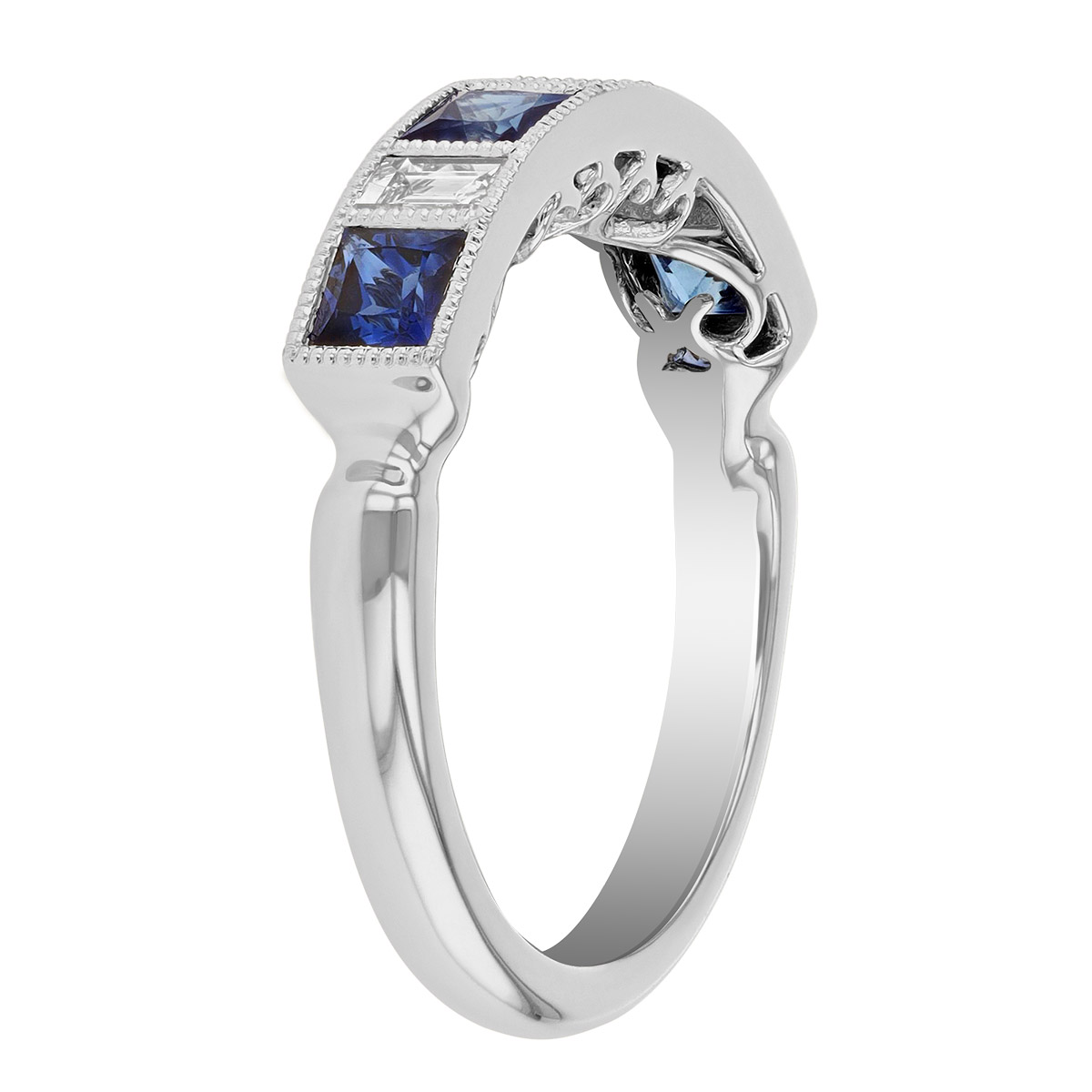 Princess Sapphire & Straight Baguette Diamond Alternating Milgrain Ring in White Gold