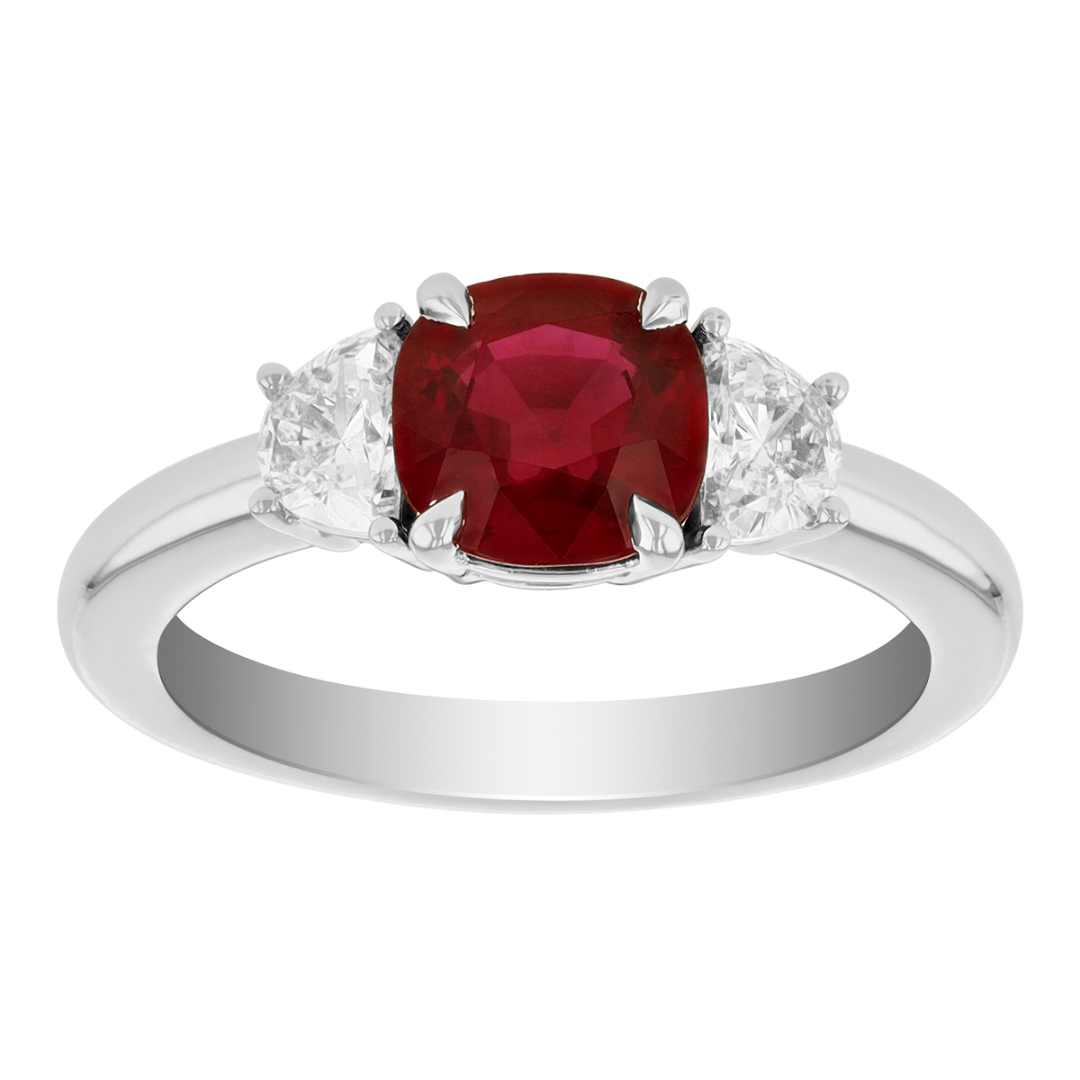 Cushion Ruby & Half Moon Diamond 3 Stone Ring in Platinum