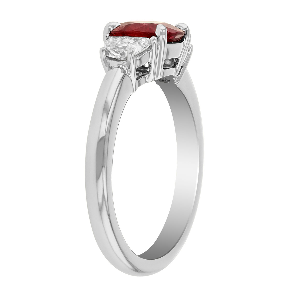 Cushion Ruby & Half Moon Diamond 3 Stone Ring in Platinum