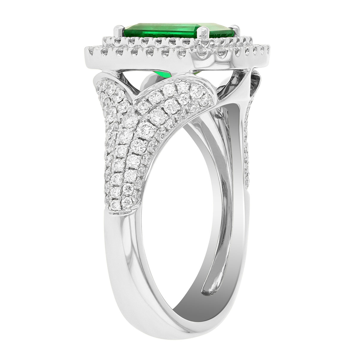 Emerald Cut Emerald & Double Diamond Halo Split Shank Ring in White Gold