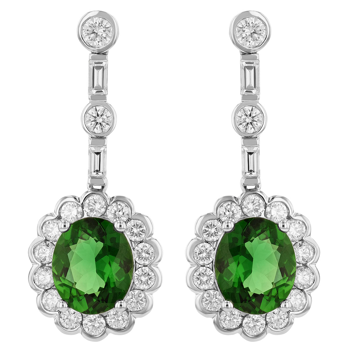 Oval Chrome Tourmaline & Diamond Scalloped Halo Dangle Earrings in White Gold