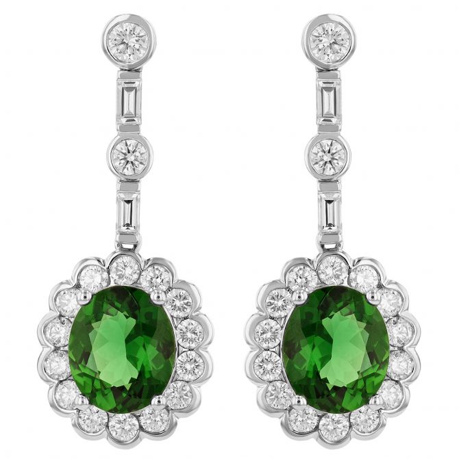 Oval Chrome Tourmaline & Diamond Scalloped Halo Dangle Earrings in White Gold