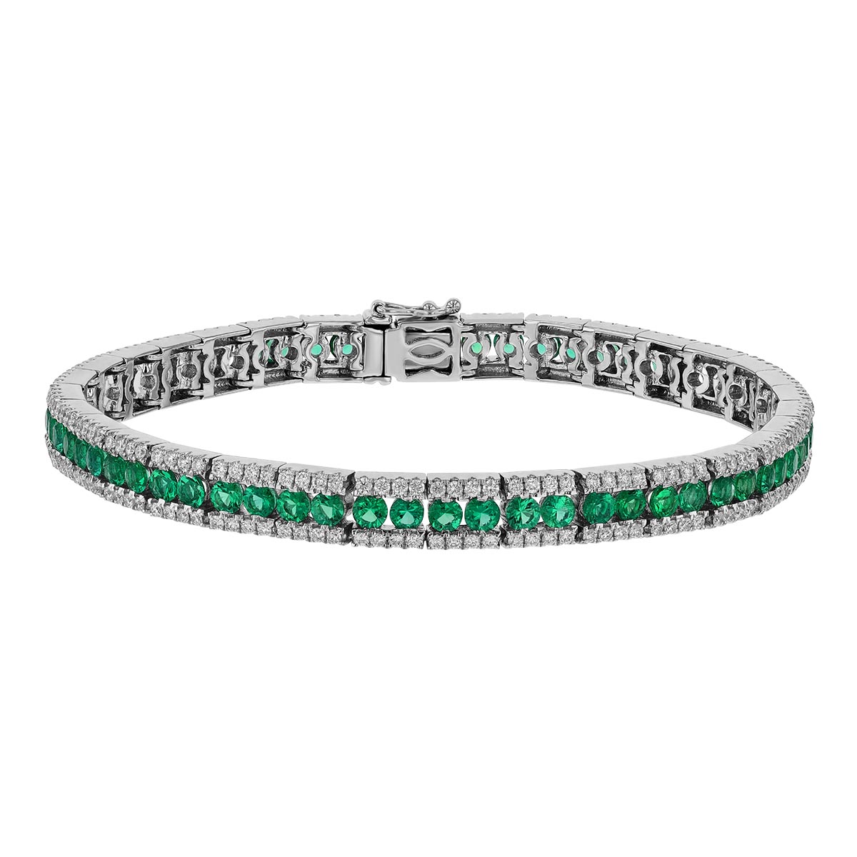 Round Emerald & Diamond Outline Tennis Bracelet in White Gold, 6.75