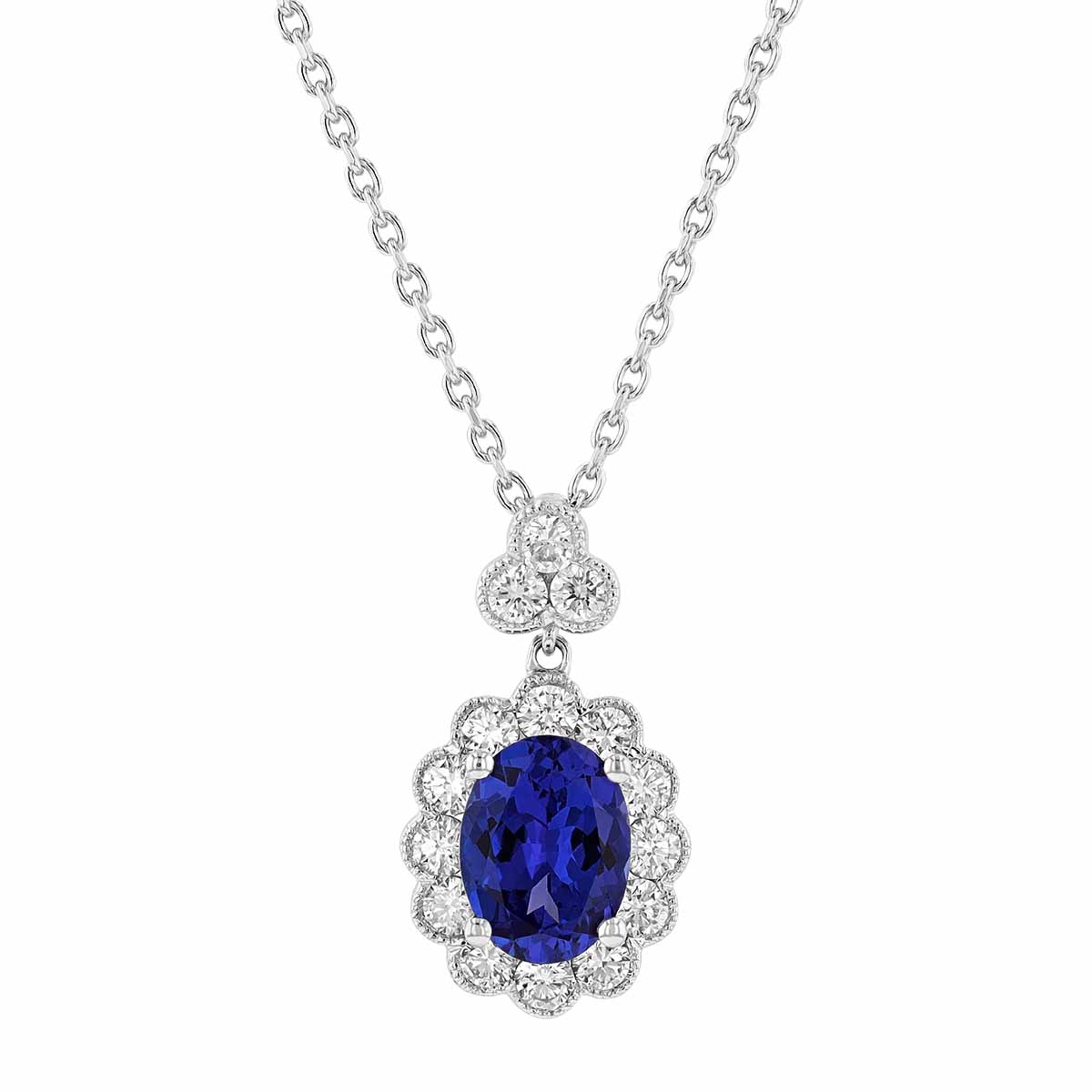 Oval Tanzanite & Diamond Scalloped Halo Pendant in White Gold, 17
