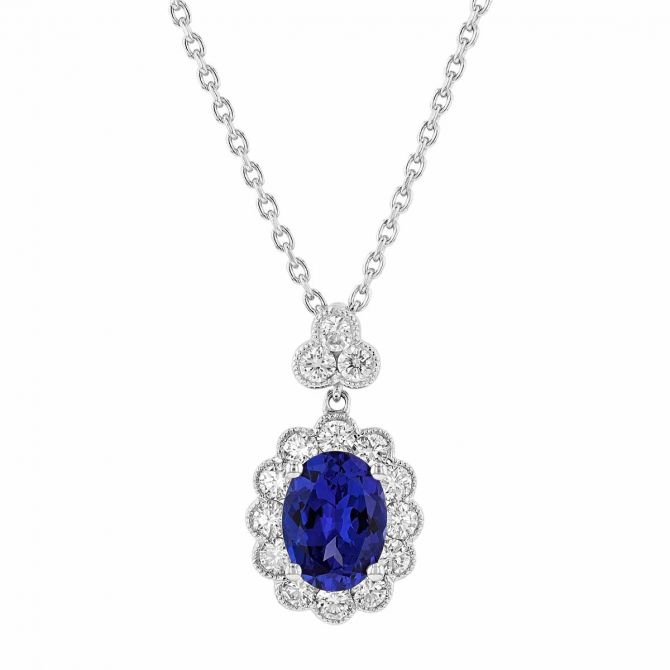 Oval Tanzanite & Diamond Scalloped Halo Pendant in White Gold, 17"
