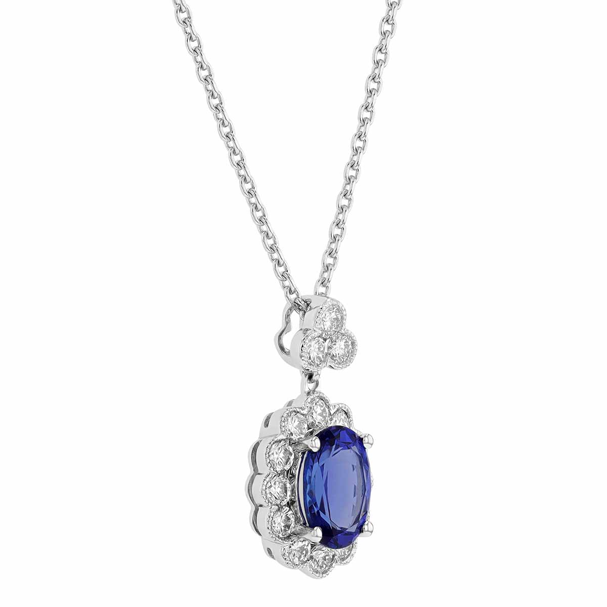 Oval Tanzanite & Diamond Scalloped Halo Pendant in White Gold, 17