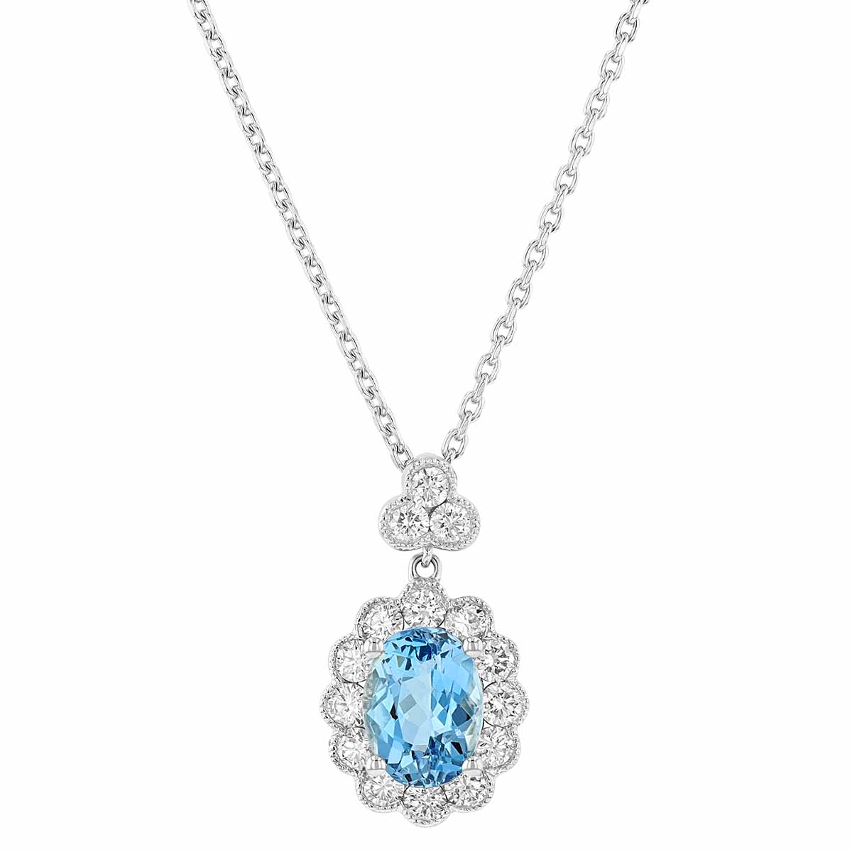 Oval Aquamarine & Diamond Scalloped Halo Pendant in White Gold, 17
