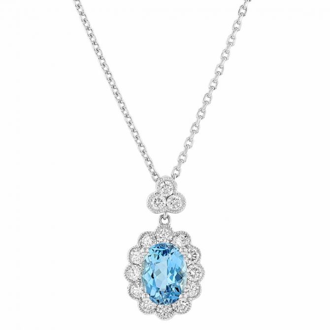 Oval Aquamarine & Diamond Scalloped Halo Pendant in White Gold, 17"