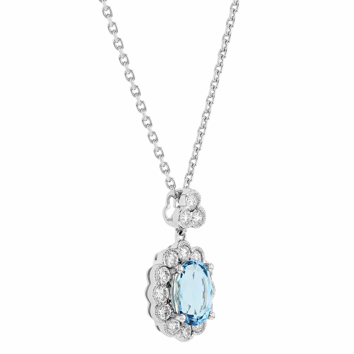 Oval Aquamarine & Diamond Scalloped Halo Pendant in White Gold, 17