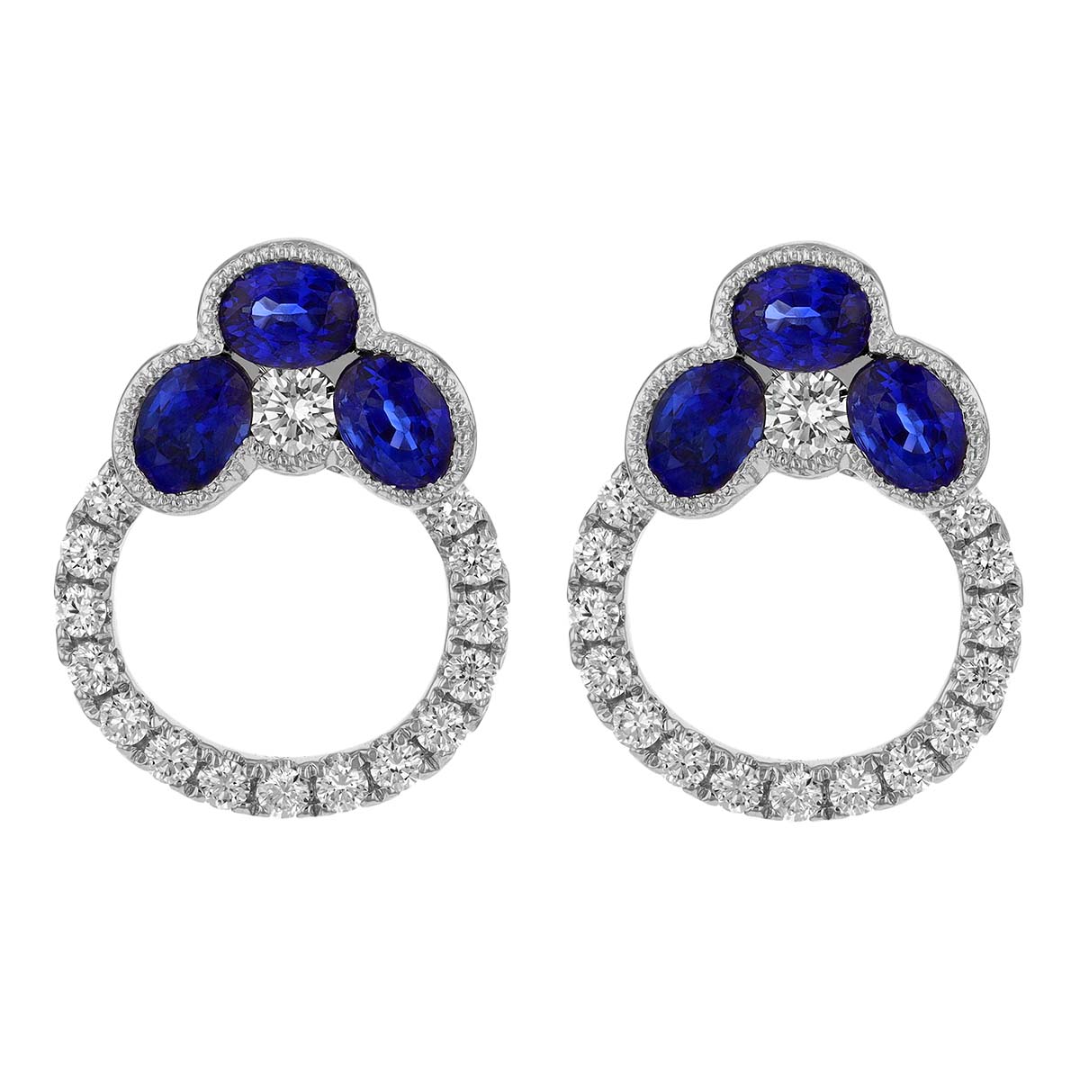 Sapphire Trio & Diamond Open Circle Earrings in White Gold