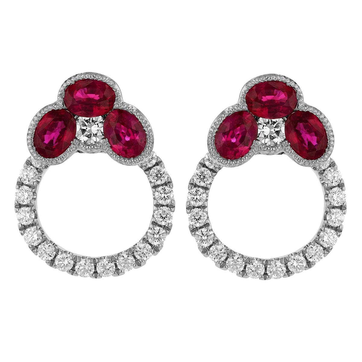 Ruby Trio & Diamond Open Circle Earrings in White Gold
