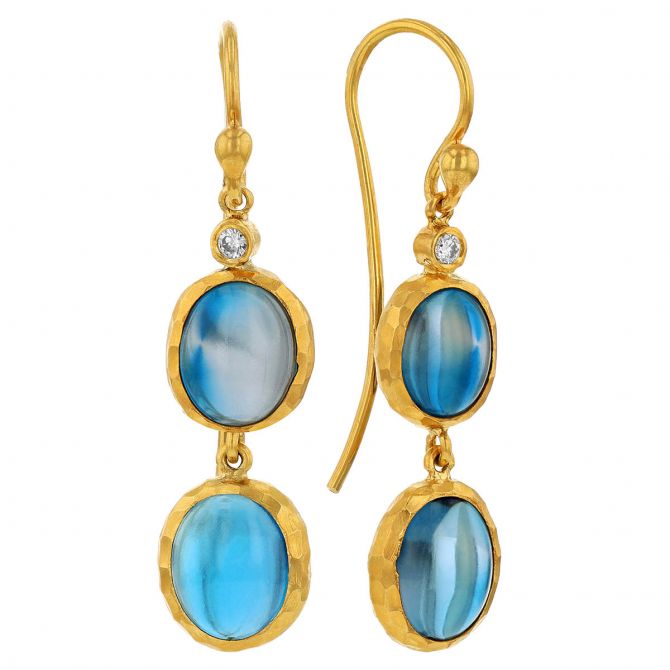 Marika Oval Topaz & Diamond Bezel Set Double Dangle Earrings in Yellow Gold
