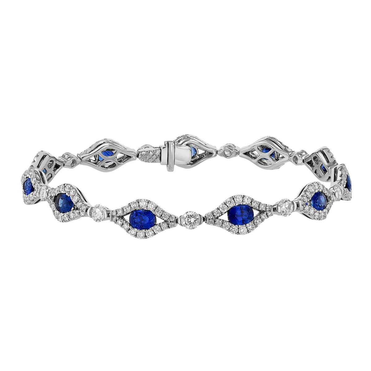 Oval Sapphire & Open Diamond Halo Bracelet in White Gold, 7