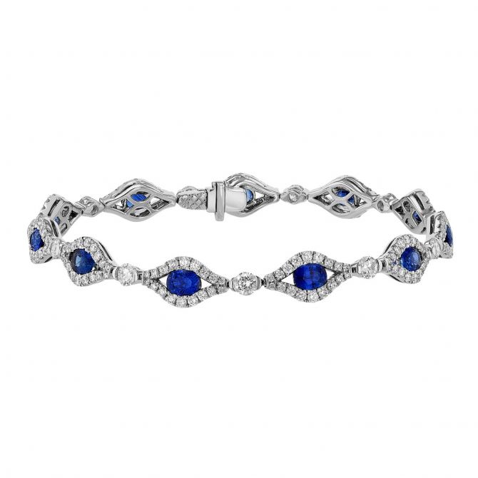 Oval Sapphire & Open Diamond Halo Bracelet in White Gold, 7"