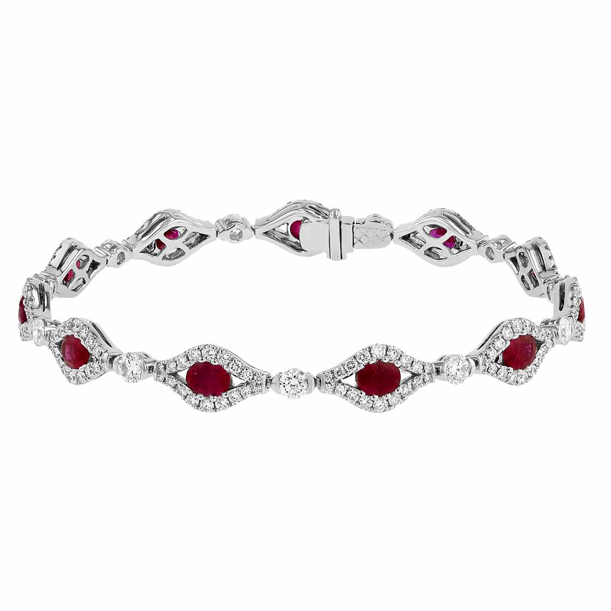 Oval Ruby & Diamond Marquise Shaped Halo Bracelet in White Gold, 7.5