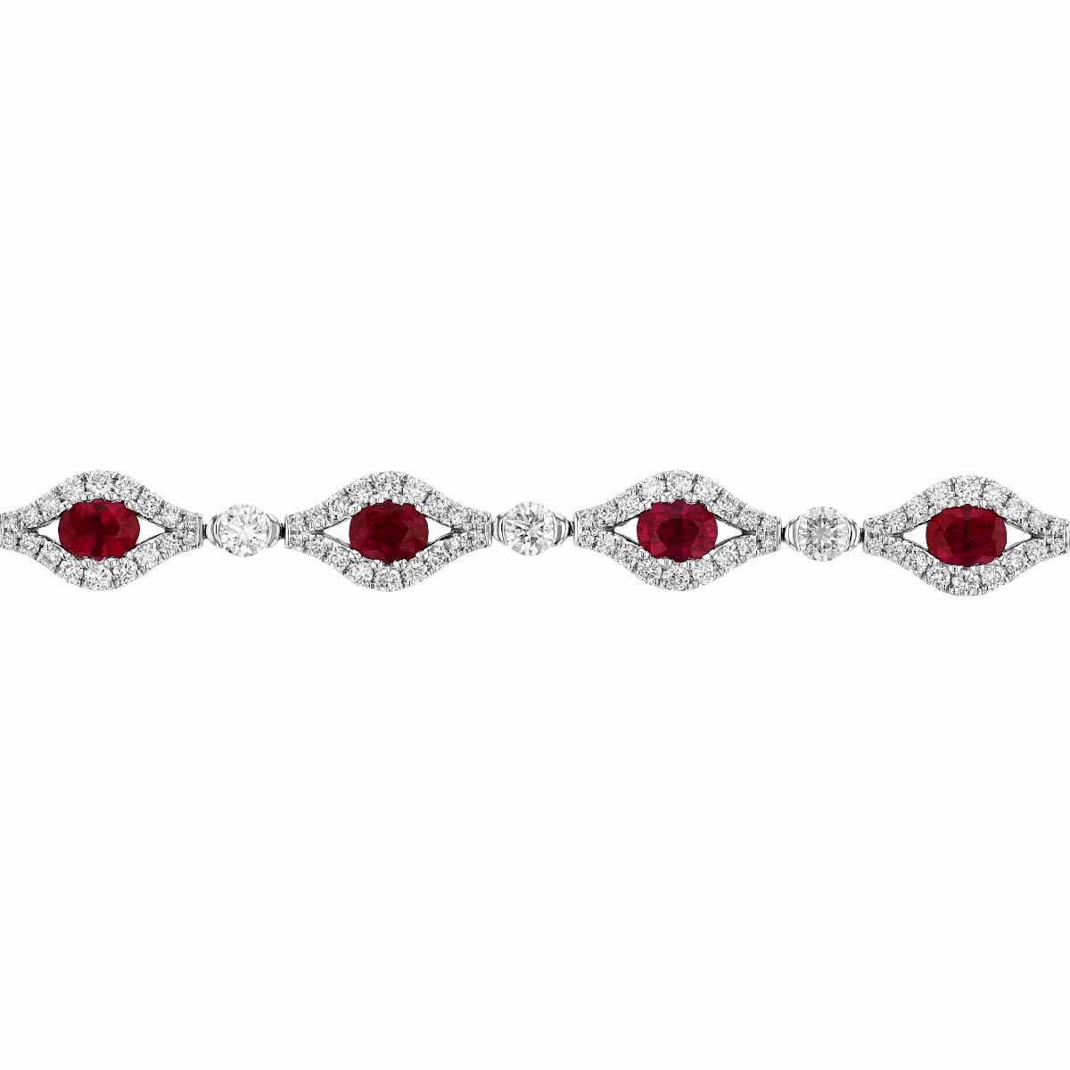 Oval Ruby & Diamond Marquise Shaped Halo Bracelet in White Gold, 7.5