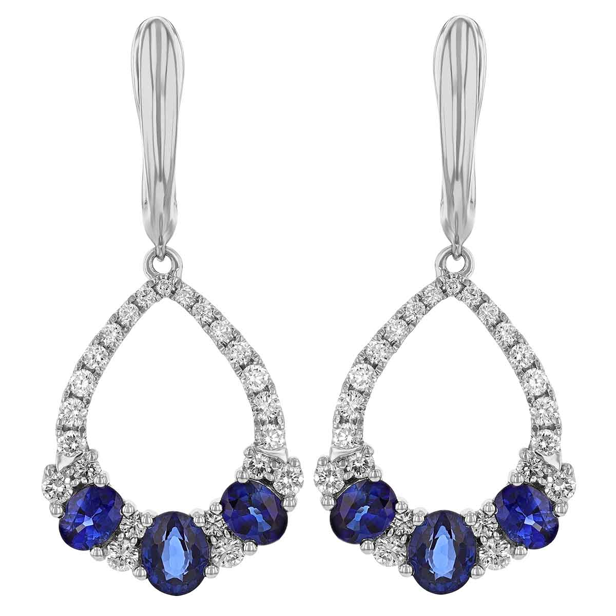 Oval Sapphire Trio & Diamond Open Pear Shaped Huggie Dangle Earrings in White Gold