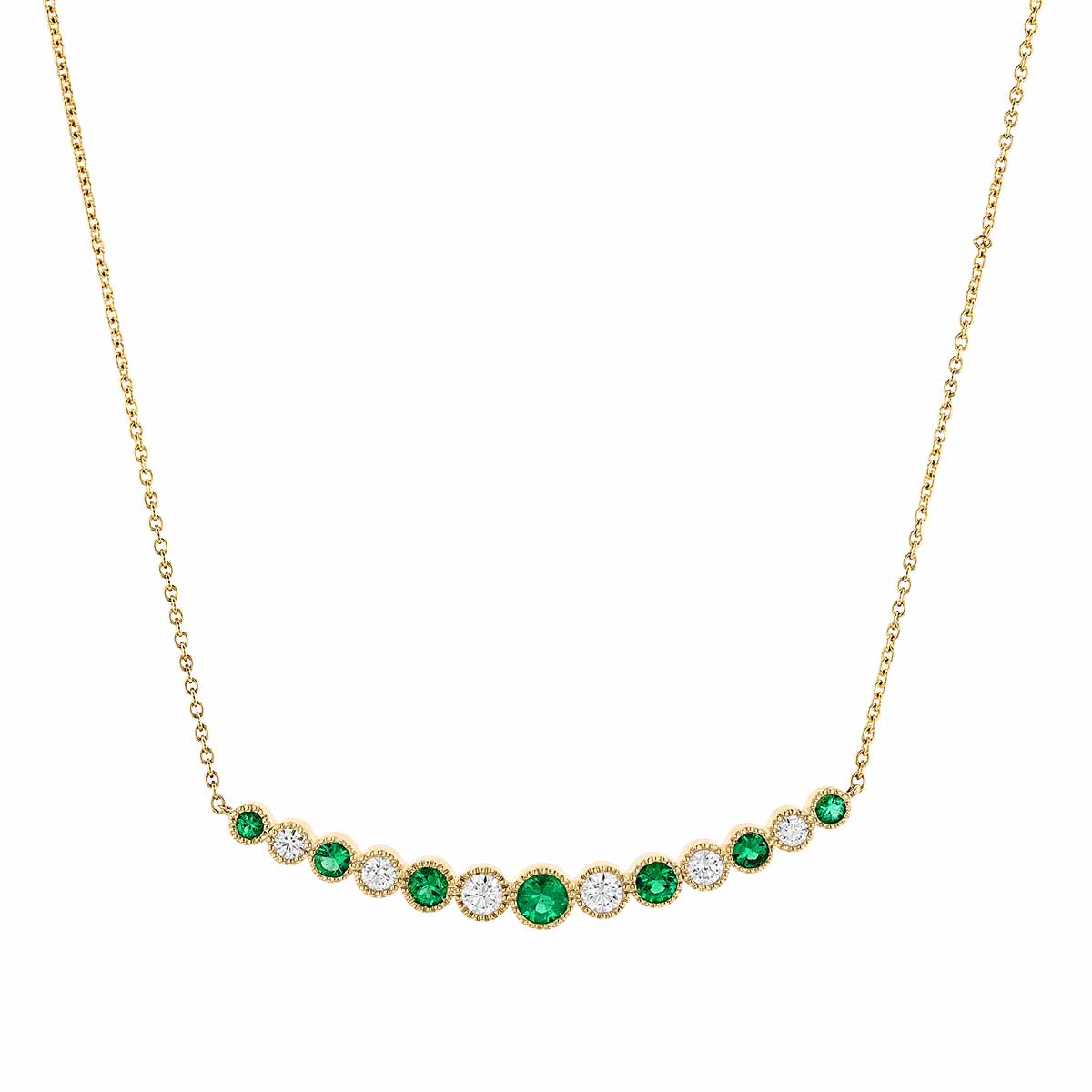 Round Emerald & Diamond Alternating Milgrain Curved Bar Necklace in Yellow Gold, 16