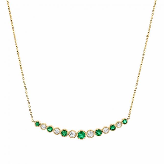 Round Emerald & Diamond Alternating Milgrain Curved Bar Necklace in Yellow Gold, 16"