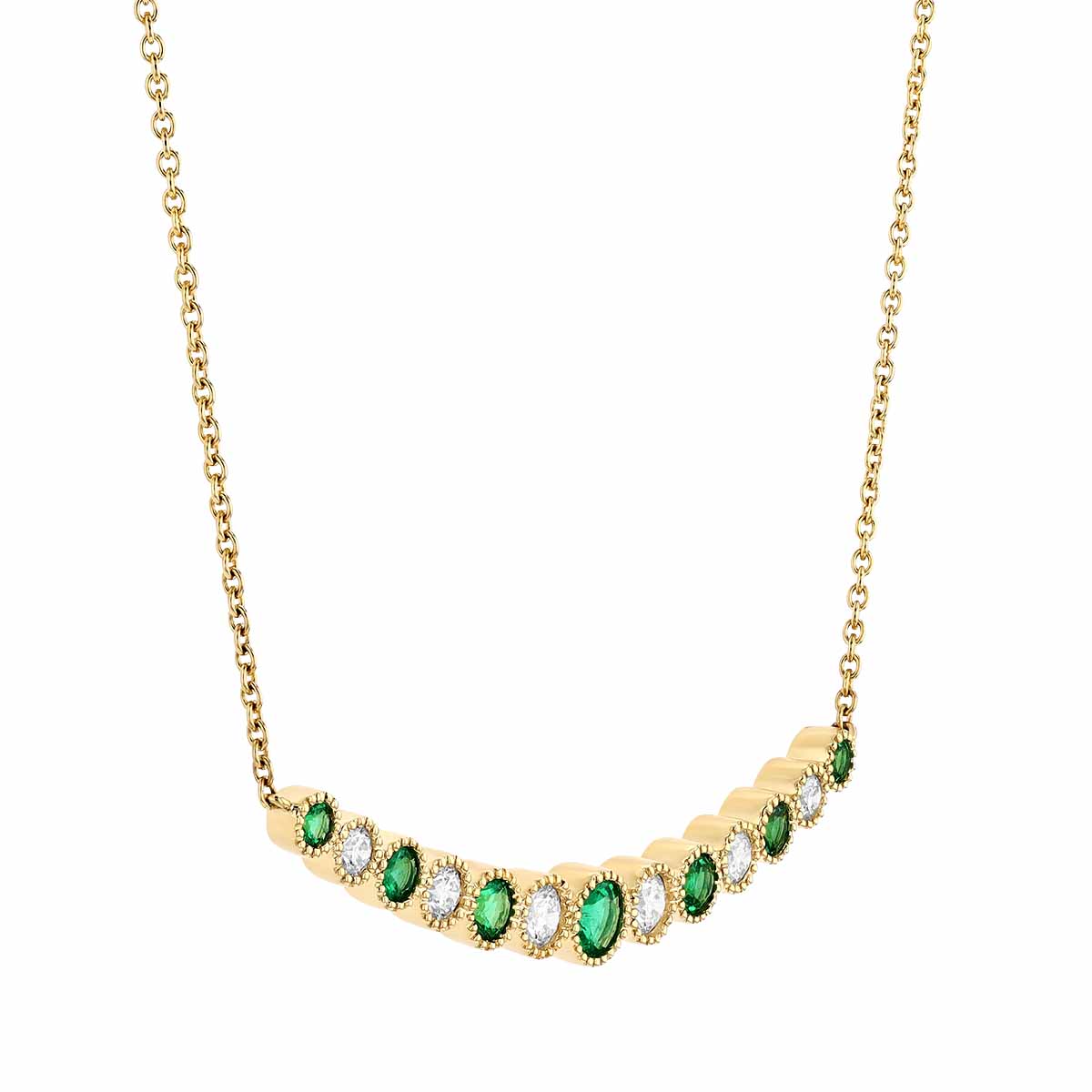 Round Emerald & Diamond Alternating Milgrain Curved Bar Necklace in Yellow Gold, 16