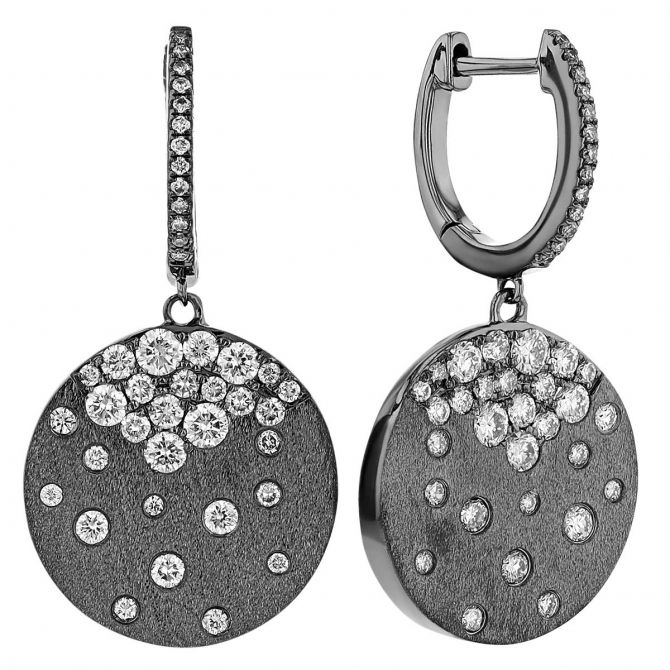 Diamond Flush Set Scatter Disc Huggie Dangle Earrings in Black