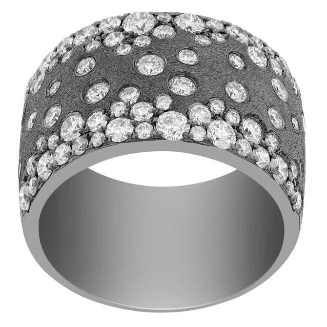 Diamond Flush Set Scatter Wide Band Ring in Black Rhodium & White Gold