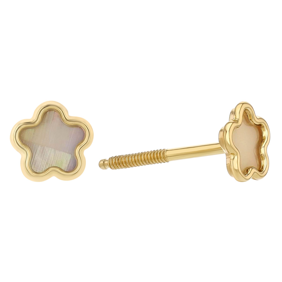 Children's Mother of Pearl Flower Stud Earrings in Yellow Gold