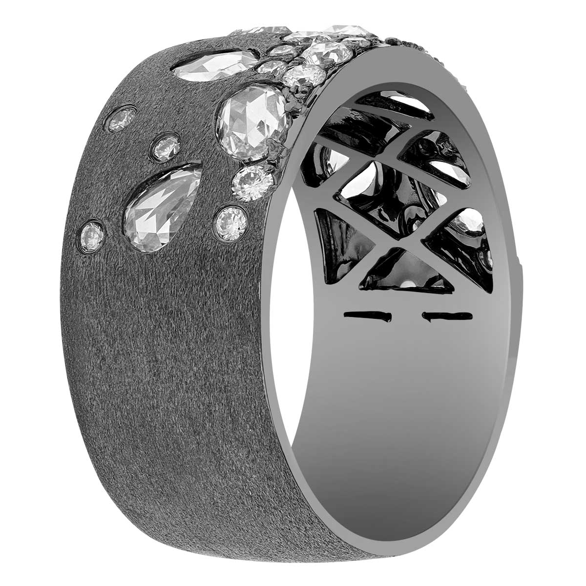 Mixed Shape Diamond Flush Set Scatter Wide Band Ring in Black Rhodium & White Gold