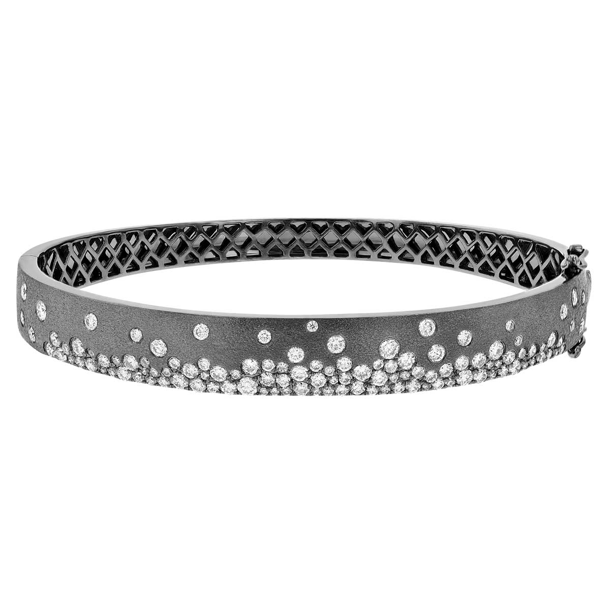 Diamond Flush Set Scatter Hinged Wide Bangle Bracelet in Black Rhodium & White Gold