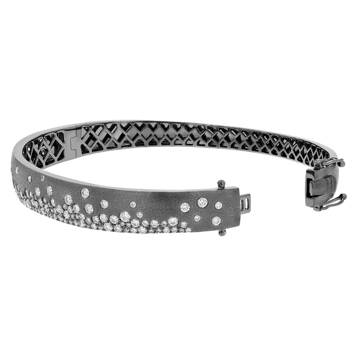 Diamond Flush Set Scatter Hinged Wide Bangle Bracelet in Black Rhodium & White Gold