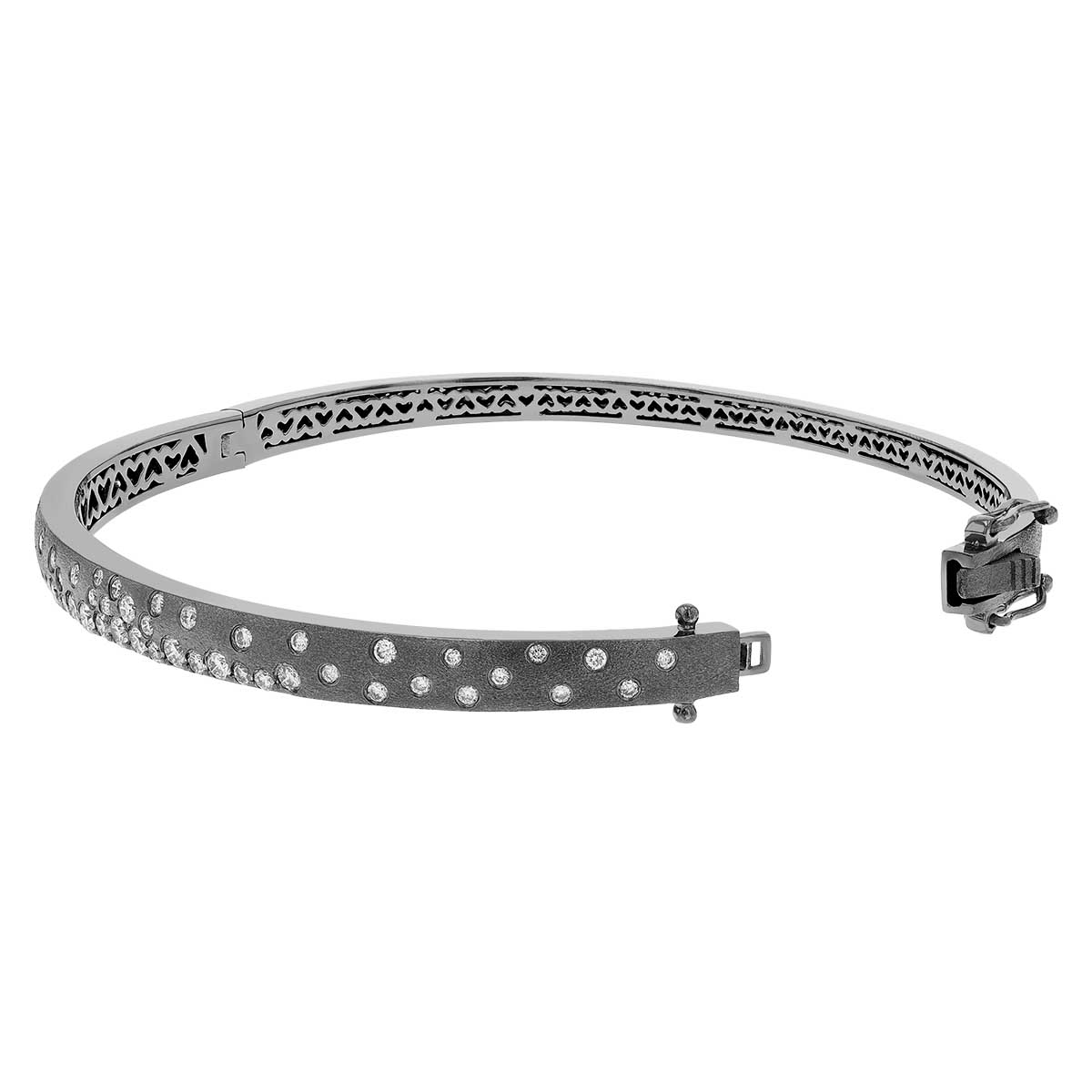 Diamond Flush Set Scatter Hinged Bangle Bracelet in Black Rhodium & White Gold