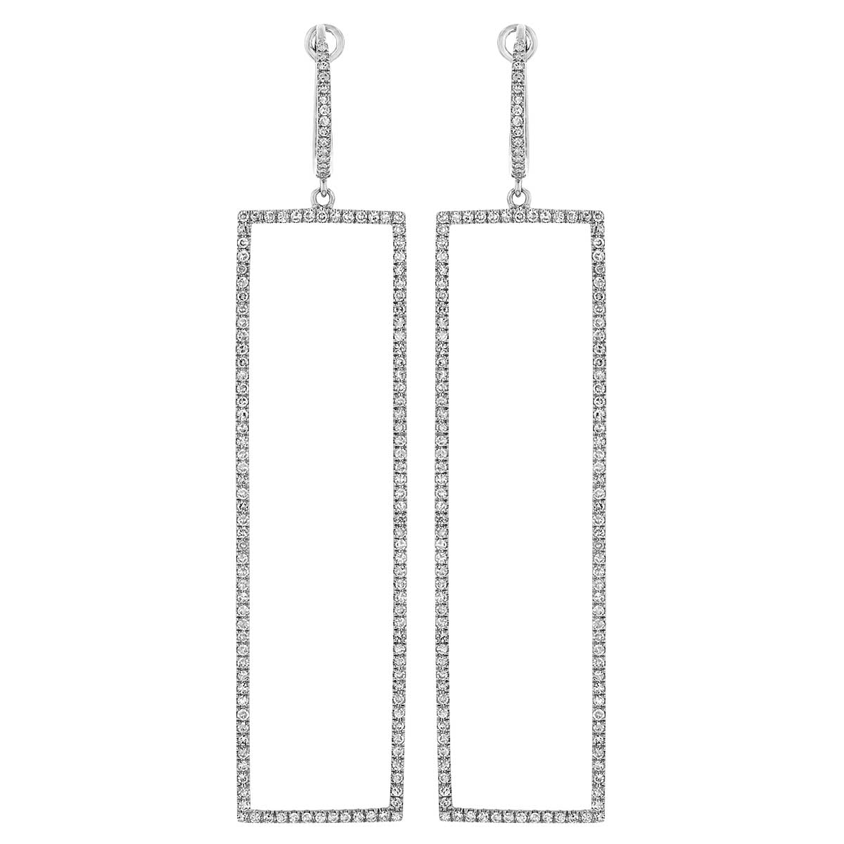 Diamond Long Open Rectangle Huggie Dangle Earrings in White Gold