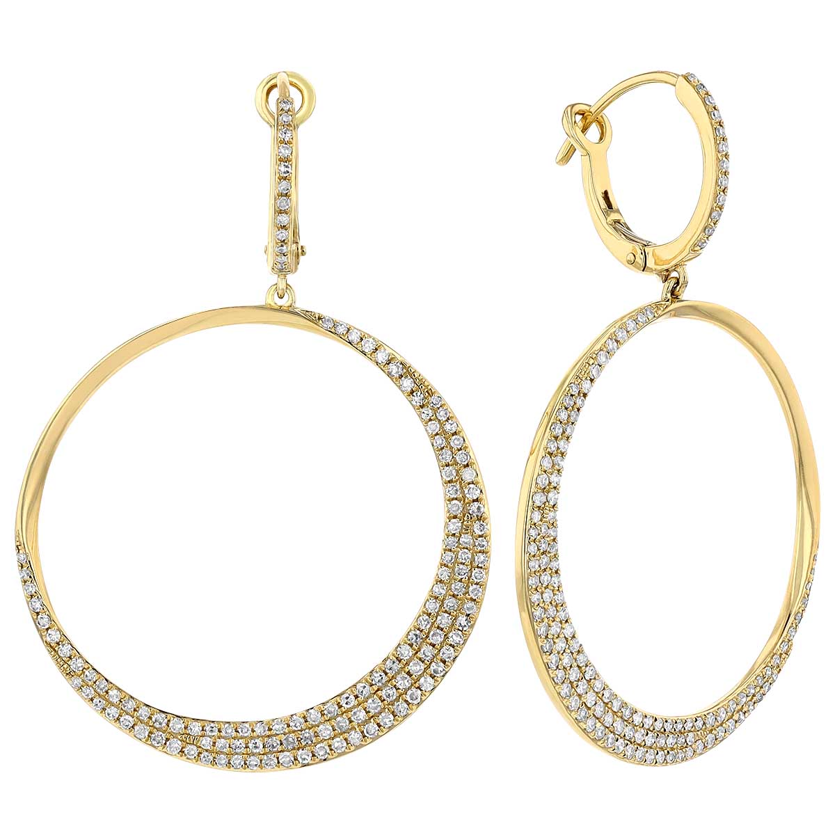 Diamond Pavé Crescent Open Circle Huggie Dangle Earrings in Yellow Gold