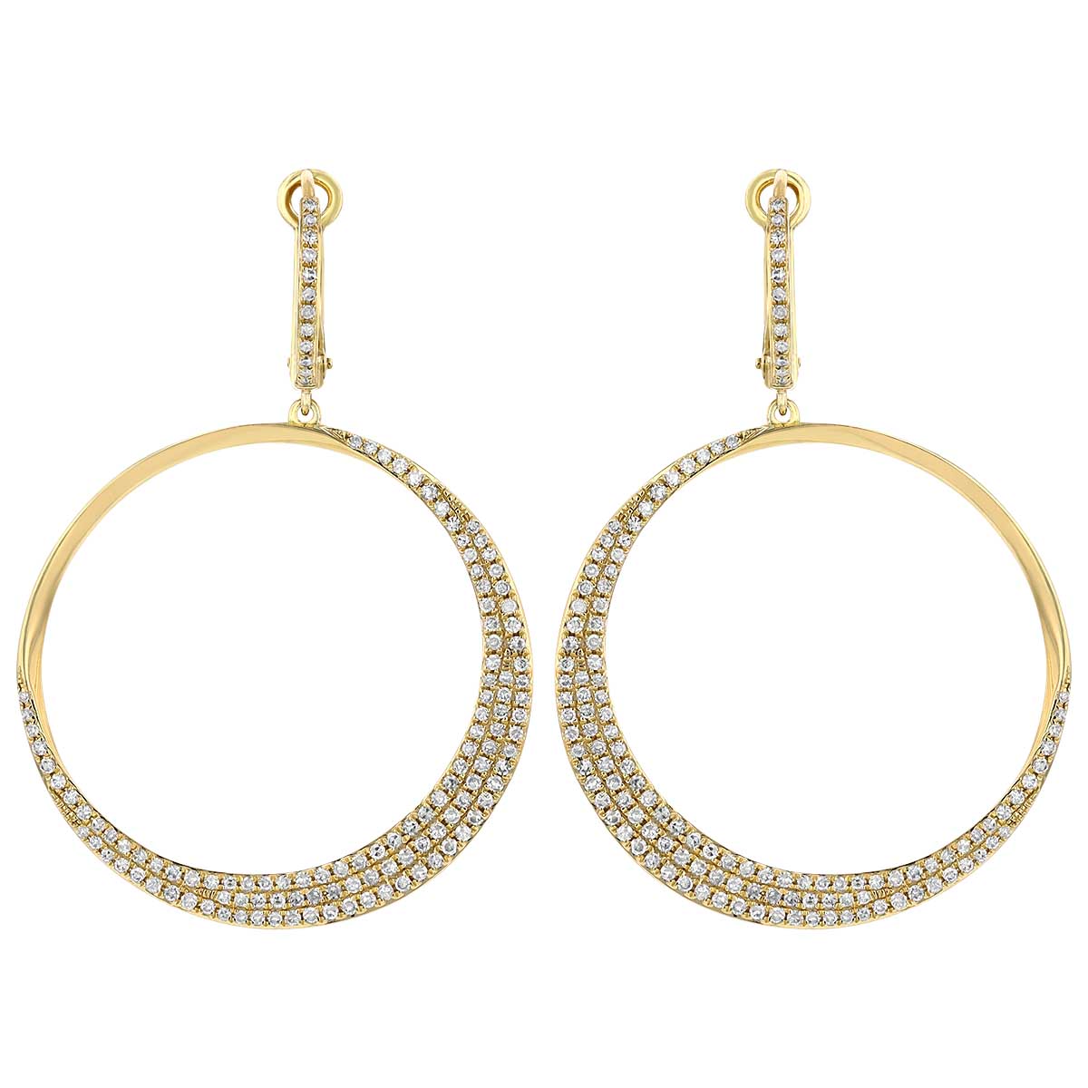 Diamond Pavé Crescent Open Circle Huggie Dangle Earrings in Yellow Gold