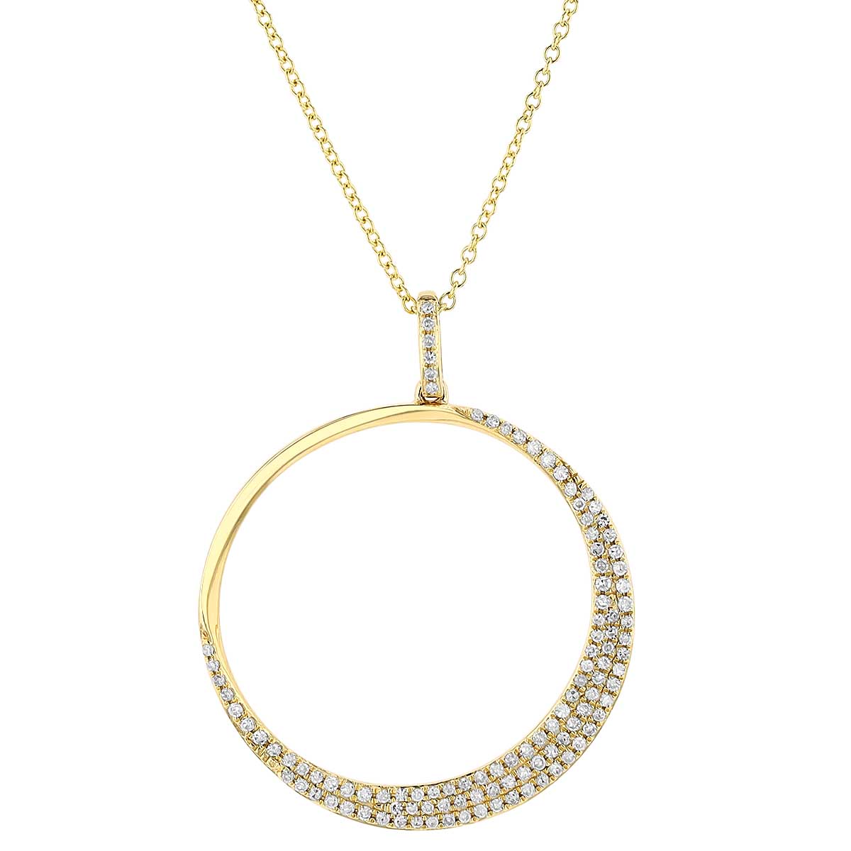 Diamond Pavé Crescent Open Circle Pendant in Yellow Gold, 16