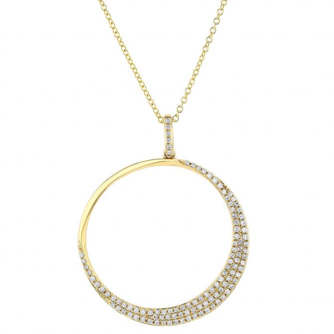 Diamond Pavé Crescent Open Circle Pendant in Yellow Gold, 16"